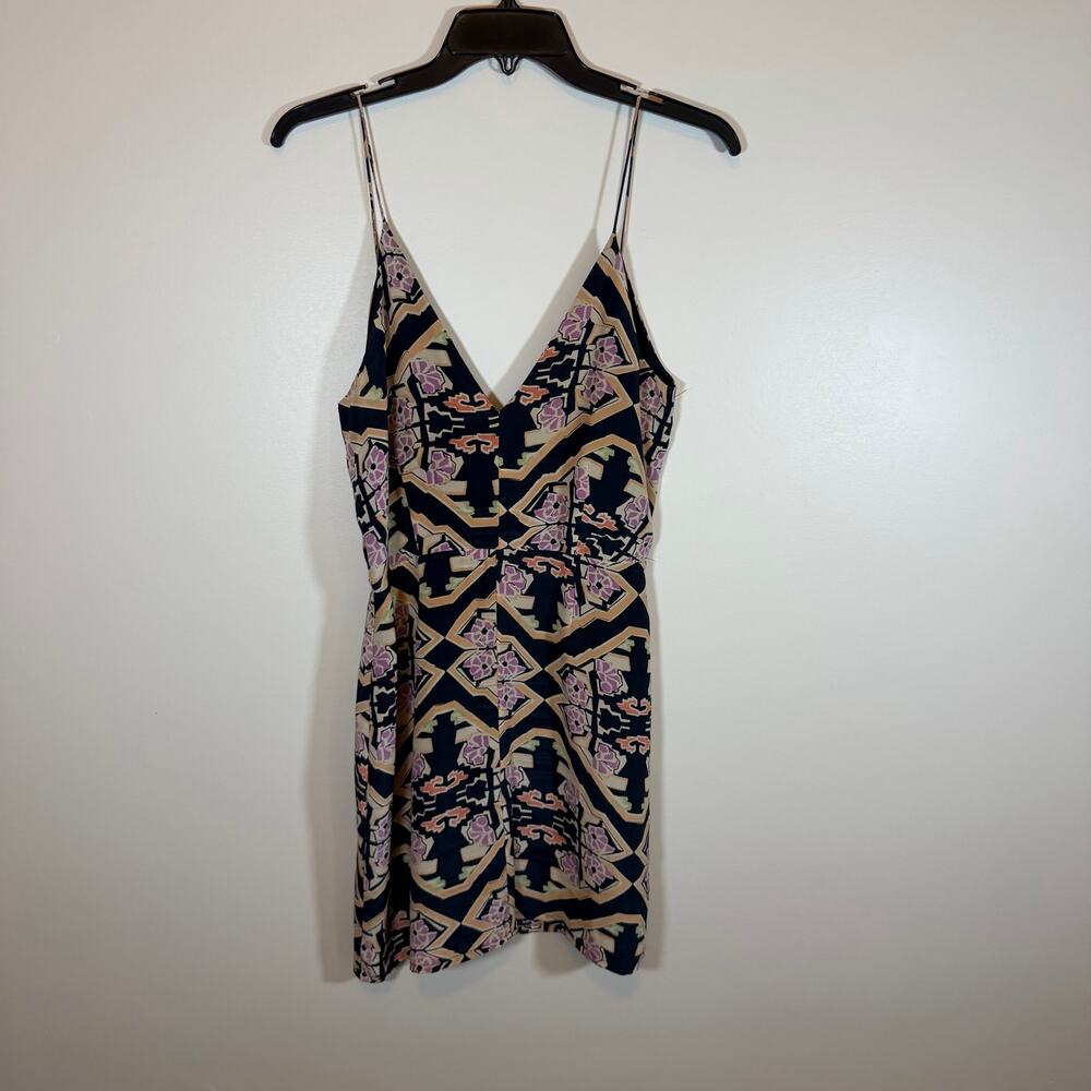 Shona Joy Navy Cream Geometric Print 100% Silk Mini Dress Womens 6 Pretty